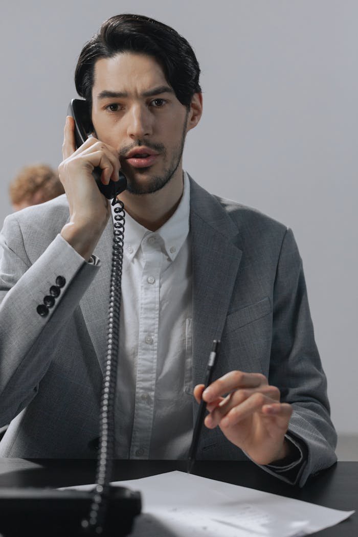 Focused young man in a gray suit conversing on telephone at an office desk.